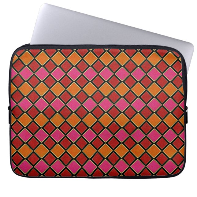 Vibrant Harlequin Diamond Pattern in Red, Orange,  Laptop Sleeve (Front)