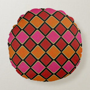 Vibrant Harlequin Diamond Pattern in Red, Orange, Round Pillow