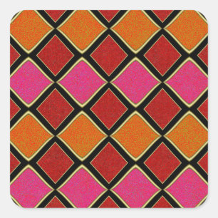 Vibrant Harlequin Diamond Pattern in Red, Orange, Square Sticker