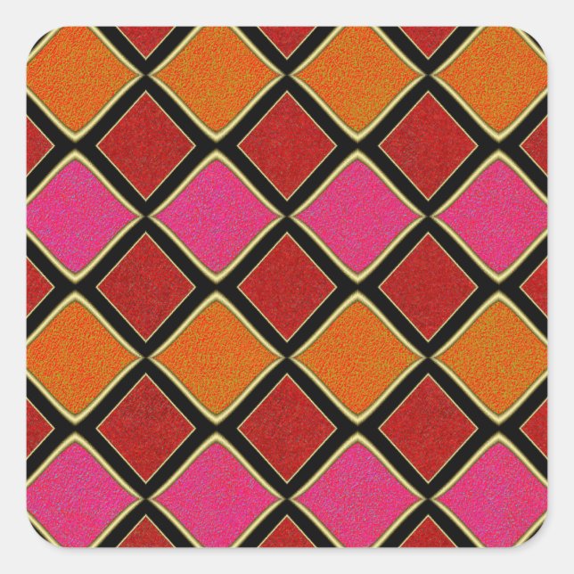 Vibrant Harlequin Diamond Pattern in Red, Orange,  Square Sticker (Front)