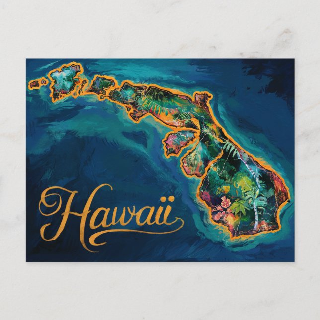 "Vibrant Hawaiian Paradise Map Art Postcard (Front)