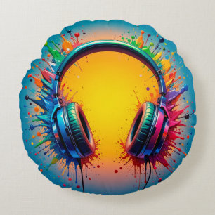 Vibrant Headphones Against Splash of Colourful Pai Round Pillow