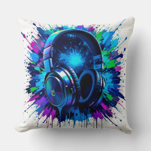 Vibrant Headphones Against Splash of Colourful Pai Throw Pillow