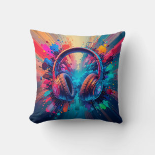 Vibrant Headphones Against Splash of Colourful Pai Throw Pillow