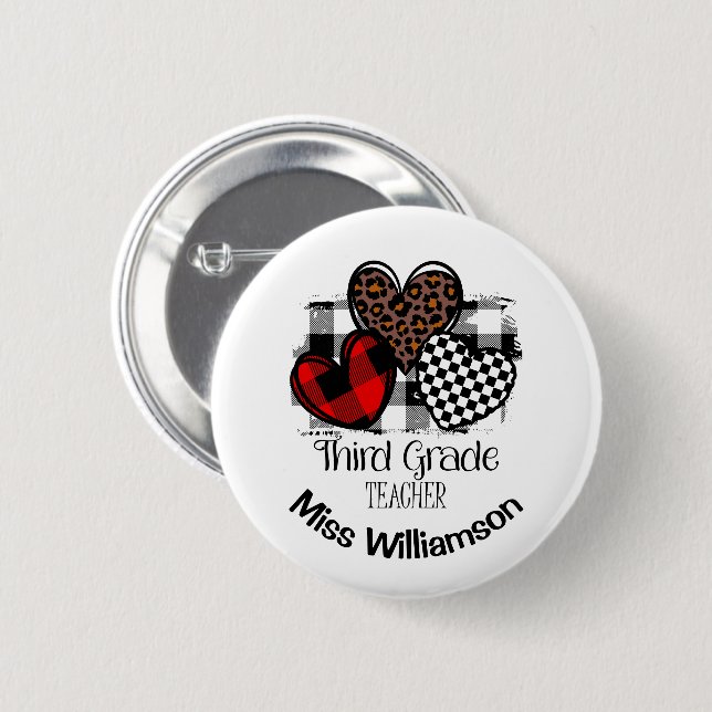 Vibrant Hearts Custom Name 3rd Grade Teacher 2 Inch Round Button (Front & Back)