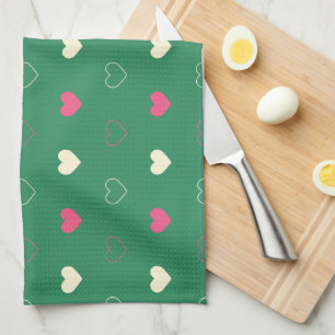 Vibrant Hearts on Green: Pink & Cream Contrast Kitchen Towel