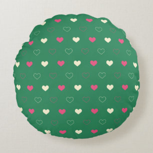 Vibrant Hearts on Green: Pink & Cream Contrast Round Pillow