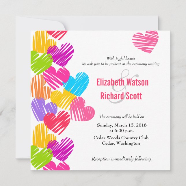 Vibrant hearts wedding invitation (Front)