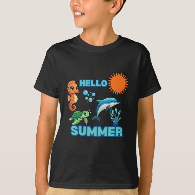 Vibrant Hello Summer | Colorful Ocean Animals Kids T-Shirt (Front)