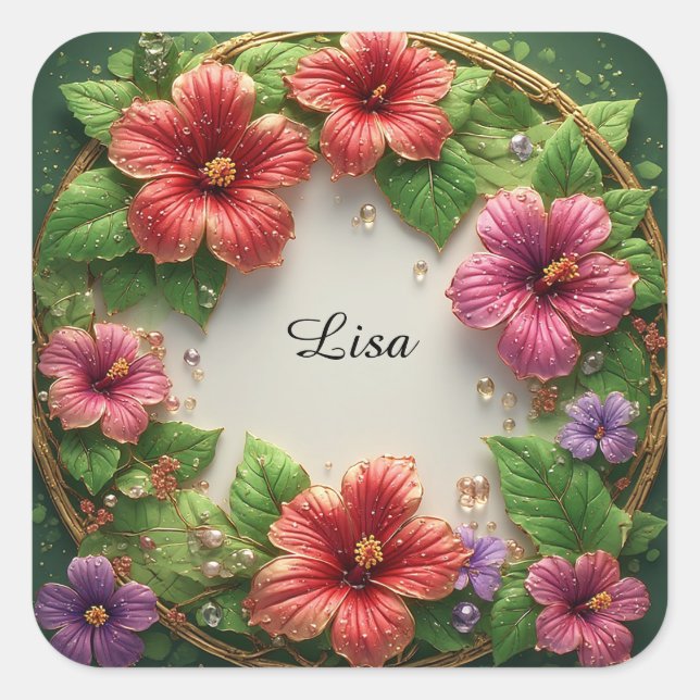 Vibrant Hibiscus Wreath Square Sticker (Front)