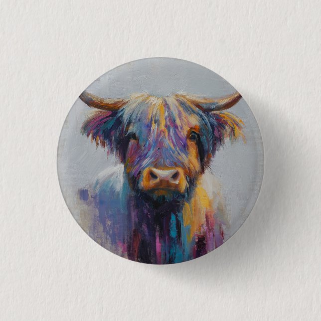 Vibrant Highland Coo Badge - Highland Cow Button (Front)