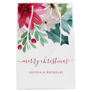 Vibrant Holiday Floral   Christmas Watercolor Medium Gift Bag