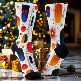 Vibrant Holiday with Red, Blue, & Golden Sunbursts Socks