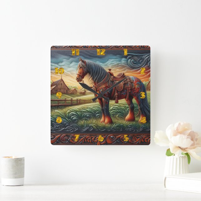 Vibrant Horse in Colourful Farm Scene Square Wall Clock (Home)