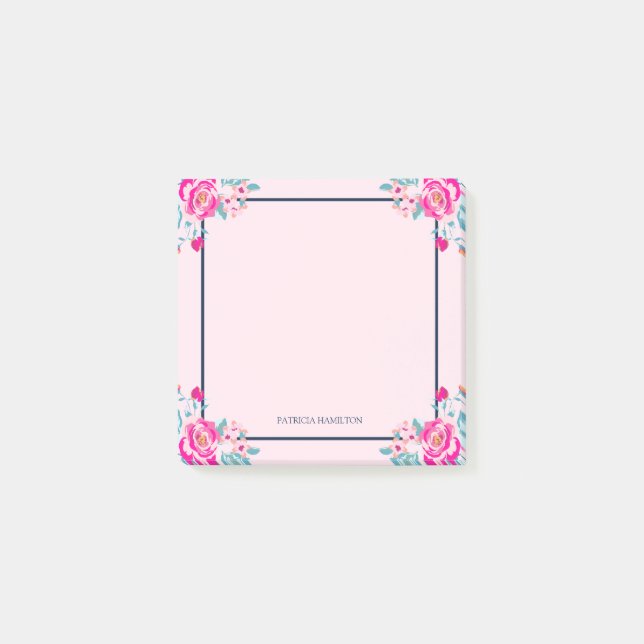 Vibrant Hot Pink Floral On Blush Custom Name Post-it Notes (Front)