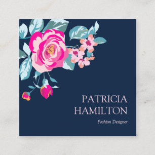 Vibrant Hot Pink Flowers Pattern On Navy Blue Square Business Card