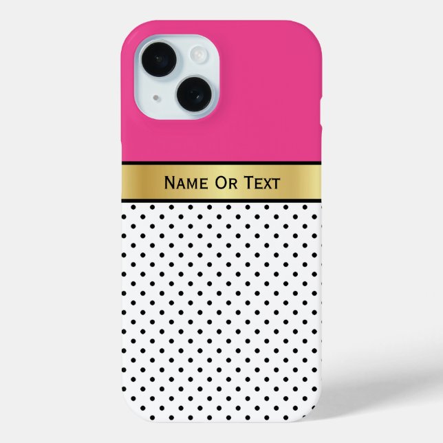 Vibrant Hot Pink Polka Dot Gold Stripe Design Case-Mate iPhone Case (Back)