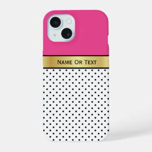 Vibrant Hot Pink Polka Dot Gold Stripe Design iPhone 15 Case