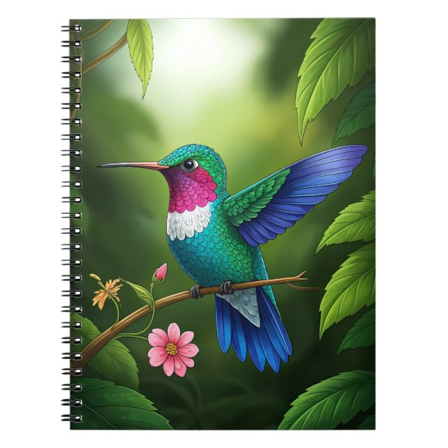 Vibrant Hummingbird Among Leaves Notebook (Front)