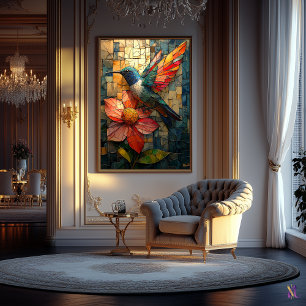 Vibrant Hummingbird and Flower in Stained Glass Poster