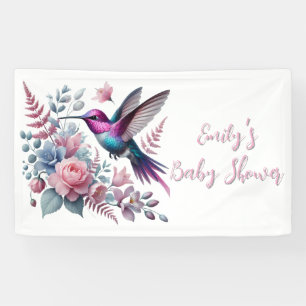 Vibrant Hummingbird And Pink Blooms Baby Shower Banner