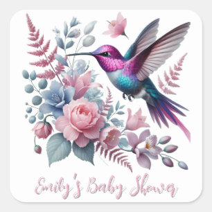 Vibrant Hummingbird And Pink Blooms Baby Shower Square Sticker