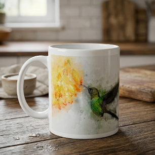 Vibrant Hummingbird and Yellow Floral Watercolor Coffee Mug