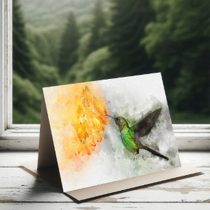 Vibrant Hummingbird and Yellow Floral Watercolor Thank You Card