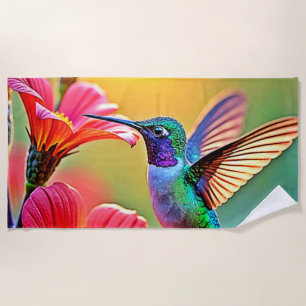 Vibrant Hummingbird at Sunset Design Beach Towel