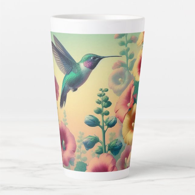 Vibrant Hummingbird Flies Among Colourful Flowers Latte Mug (Front)