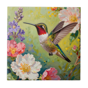 Vibrant Hummingbird Floral Garden Tile