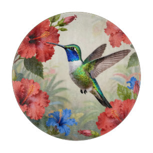 Vibrant Hummingbird Hibiscus Floral Cutting Board