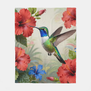 Vibrant Hummingbird Hibiscus Floral Fleece Blanket