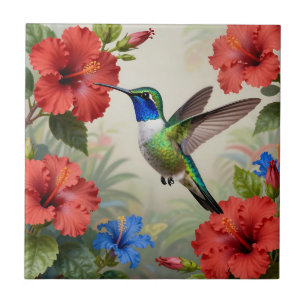 Vibrant Hummingbird Hibiscus Floral Tile