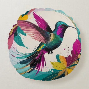 Vibrant Hummingbird in Flight: A Tropical Abstract Round Pillow