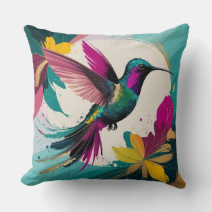 Vibrant Hummingbird in Flight: A Tropical Abstract Throw Pillow