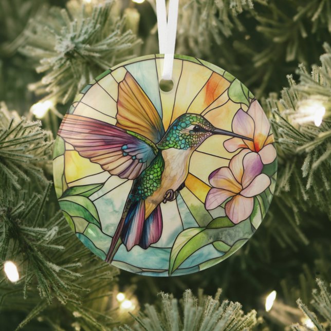 Vibrant Hummingbird Stained Glass Ornament (Insitu)