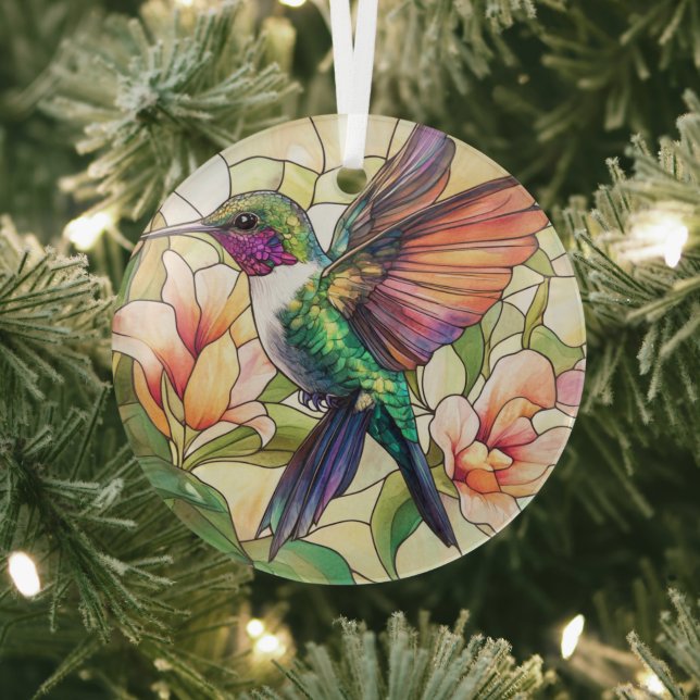 Vibrant Hummingbird Stained Glass Ornament (Insitu)