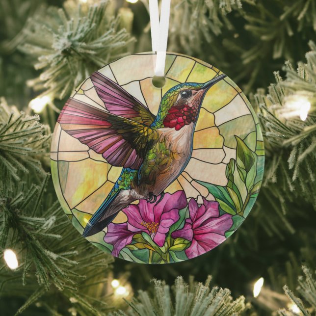 Vibrant Hummingbird Stained Glass Ornament (Insitu)