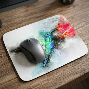 Vibrant Hummingbird Watercolor Floral Art Print Mouse Pad