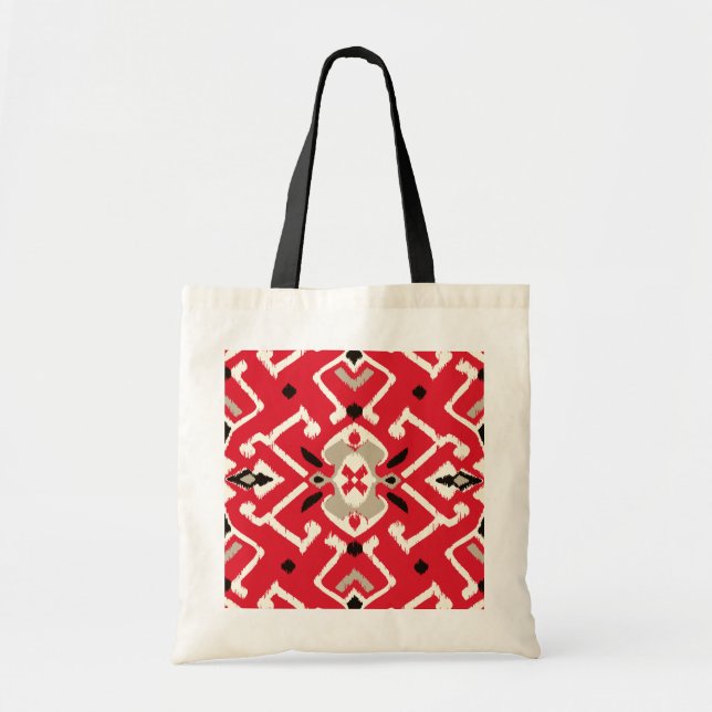 Vibrant ikat pattern in red, white and black tote bag (Front)