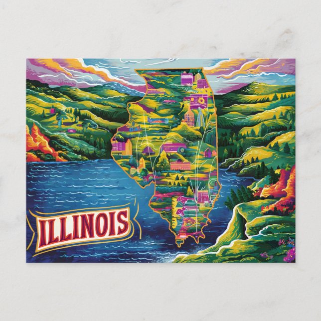 Vibrant Illinois Illustrated Map Postcard (Front)