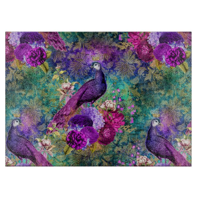 Vibrant Illustrated Peacock Pattern Cutting Board (Front)