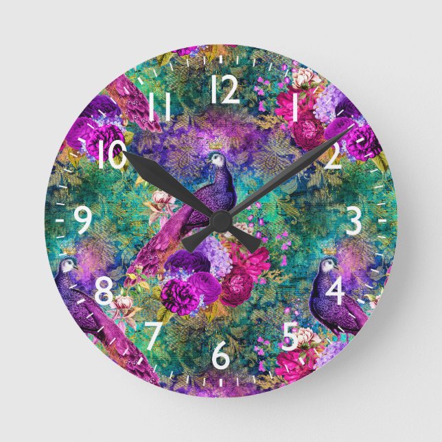 Vibrant Illustrated Peacock Pattern Round Clock (Front)