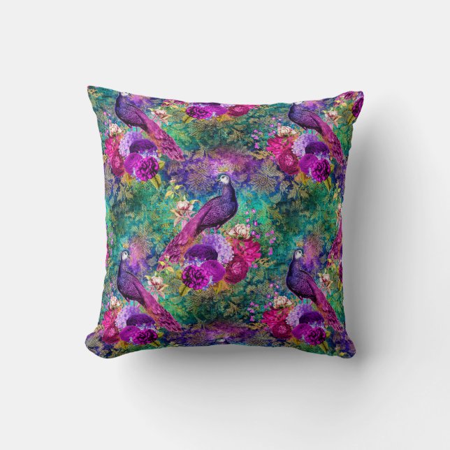 Vibrant Illustrated Peacock Pattern Throw Pillow (Front)