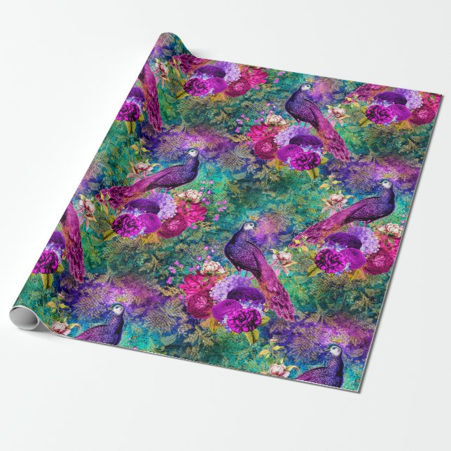 Vibrant Illustrated Peacock Pattern Wrapping Paper (Unrolled)