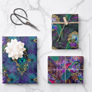 Vibrant Illustrated Peacock Pattern Wrapping Paper Sheet