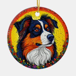 Vibrant Illustrated Portrait of a Dog Ceramic Ornament
