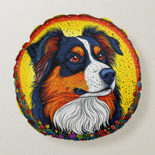 Vibrant Illustrated Portrait of a Dog Round Pillow