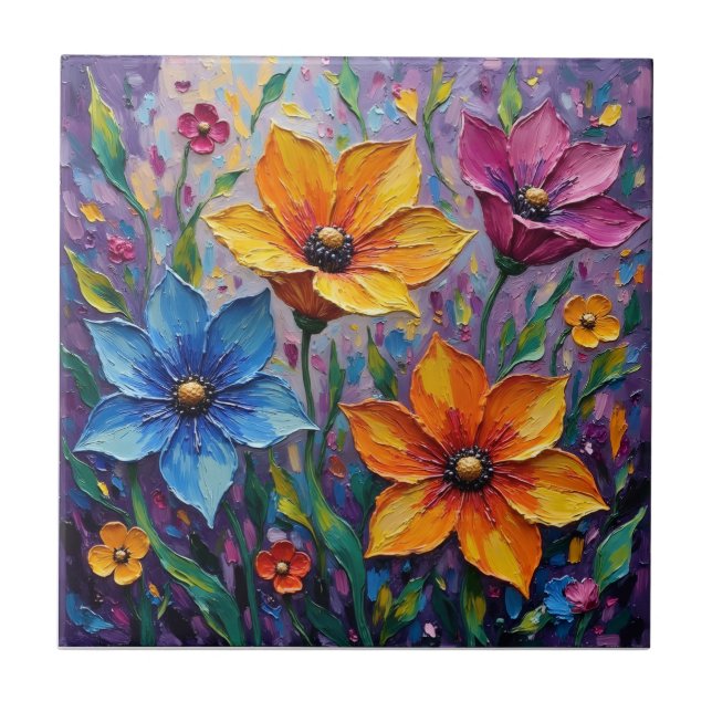 Vibrant Impasto Wildflowers Tile (Front)